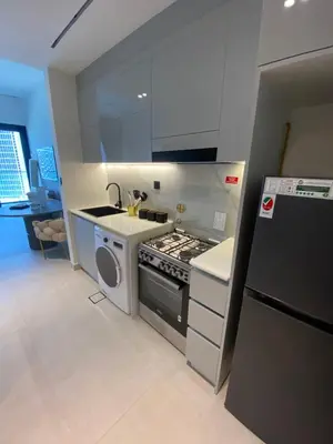 a small kitchen with a stove and a sink at White and gold studio apartment in Binghatti Canal whit pool in Dubai