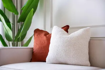 two pillows sitting on a couch with a plant at Silkhaus Luxurious 1 BDR Stunning View in Dubai