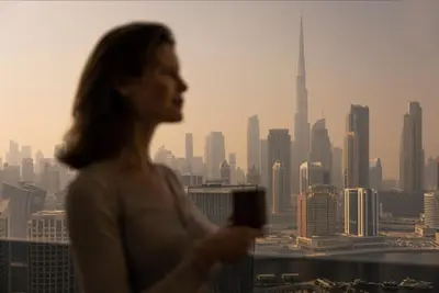 a woman standing in front of a city skyline at UPSIDE LIVING Downtown Business & Leisure in Dubai