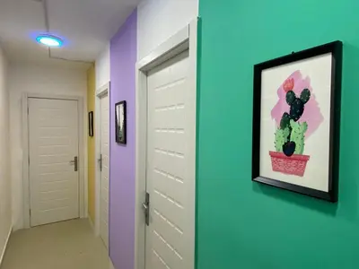 a hallway with a painting of a cactus on a wall at lavish Partition Room in Barsha Heights Near Internet City Metro in Dubai