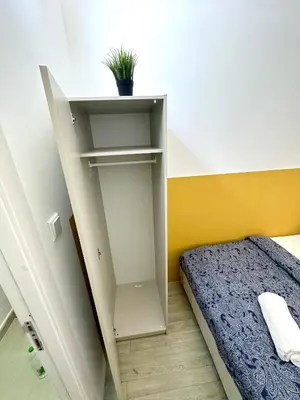 a small bedroom with a bed and a plant on a shelf at lavish Partition Room in Barsha Heights Near Internet City Metro in Dubai
