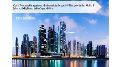 a city skyline with a plane flying over a city at Business Bay Gem1 bd apt with Scenic Canal Views in Dubai