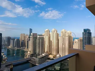 a view of a city from a balcony at Seaview & Marina View Studio in Dubai