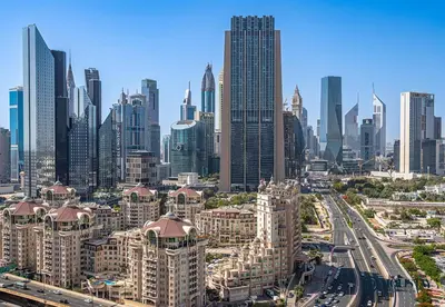 an aerial view of a city with tall buildings at Kempinski Central Avenue Residence - Direct Access Dubai Mall in Dubai