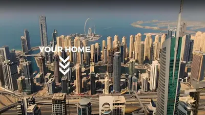 a view of a large city with the words your home at 35% OFF in Top View Studio w/ Balcony in Marina in Dubai