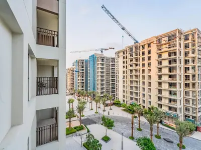 an aerial view of a city with tall buildings at Coastal Charm Casita : 1BR Creek Beach Elegance in Dubai