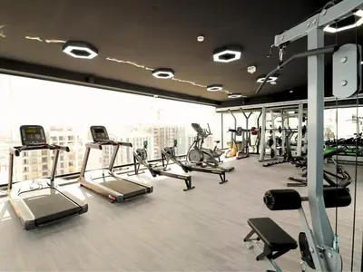 a gym with treadmills and machines in a building at VESTA - Dubai Residence in Dubai