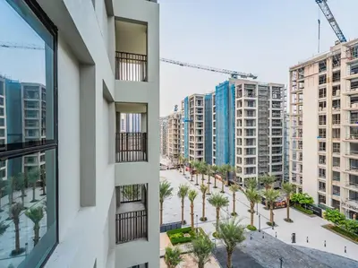 a view of a city street from a building at Zen Oasis : 1BR Splendid Creek Side Retreat - Beach in Dubai