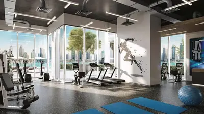 a gym with a view of the city at Ultra Luxury Dubai Marina I LIV Residence in Dubai