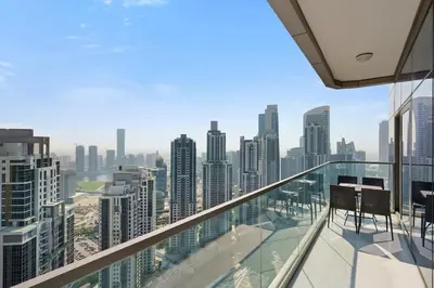 a view of a city skyline from a building at High Floor 2 Bedroom Gem - Burj Khalifa Views in Dubai