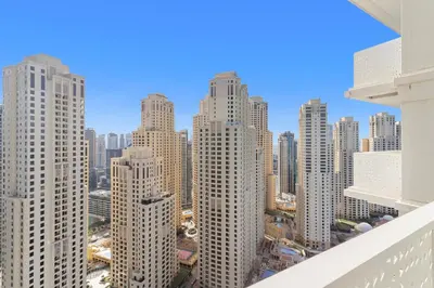 a view of a city with tall buildings at Elegant and Modern 1BR Apt in JBR with Beach Access in Dubai