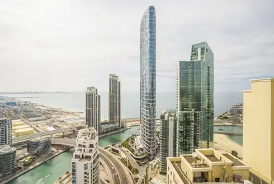 an aerial view of a city with tall buildings at New Arabian Shams 2 JBR Sea View in Dubai