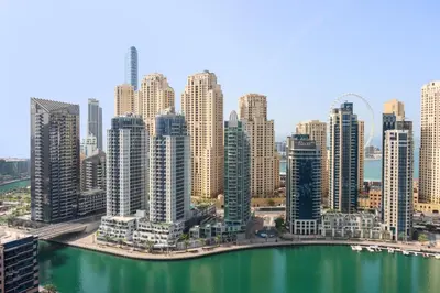 a view of a city skyline with tall buildings at 1BR Gem with Stunning Marina Views, Close to Metro in Dubai