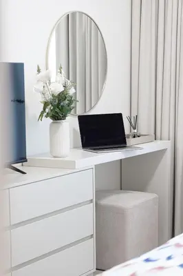 a white desk with a laptop and a mirror at Forte Tower 1 - Fantastic Two Bedroom in Downtown Dubai in Dubai