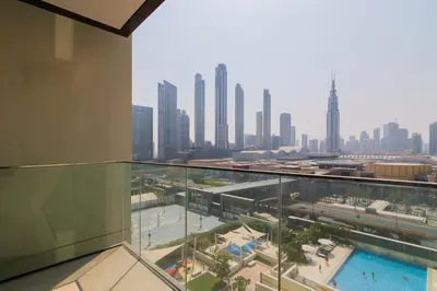 a view of a city skyline from a building at Elite Escape Holiday Home - 2 BHK Getaway with Burj Khalifa View and Dubai Mall Access - 1507 in Dubai