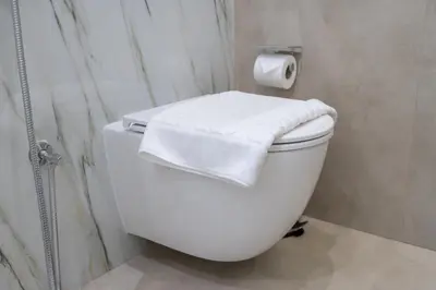 a white toilet in a bathroom with a roll of toilet paper at Astonishing 2 bedroom apt full Burj Khalifa view in Dubai