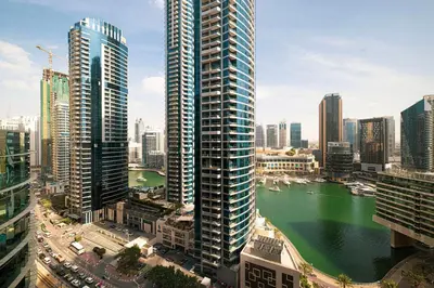 a view of a city with tall buildings and a river at Salt of the Ocean in JBR by Lagom in Dubai