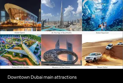 a collage of pictures of different cities and buildings at *Views of Burj Khalifa Fountain* in Dubai
