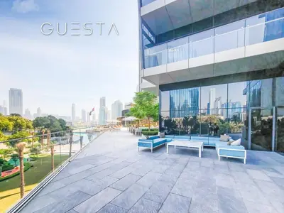 a view from the roof of a building with benches at Address Residences Dubai Opera, Downtown Dubai in Dubai