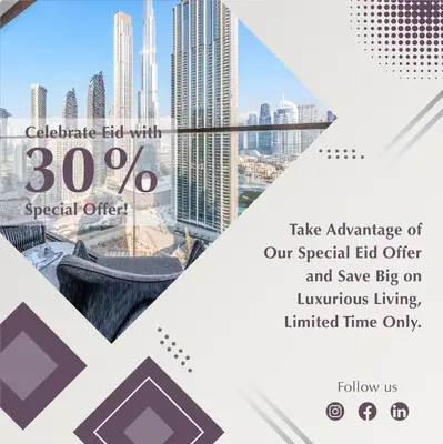 a flyer for a special offer with a view of the city at Stayis l 2BR Iconic Burj Khalifa View Partial in Dubai