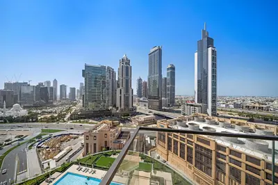 a view of a city skyline with tall buildings at Silkhaus Comfy 1BR by Burj Khalifa with Balcony in Dubai