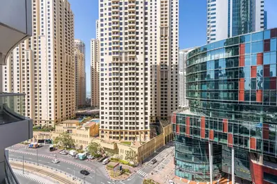 an aerial view of a city with tall buildings at Silkhaus Studio at Dubai Marina Near Marina Mall in Dubai