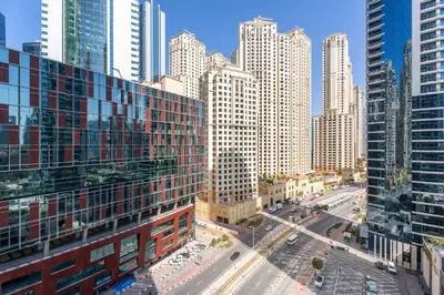 an aerial view of a city with tall buildings at Silkhaus Studio at Dubai Marina Near Marina Mall in Dubai