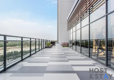 a view from the top of a building with a checkered floor at Luxury Studio at Wilton Park - MBR in Dubai