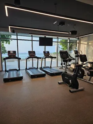 a gym with a bunch of treadms and cardio machines at Experience Bliss 1BR Haven with Stunning Sea Views - 50AB1 in Dubai