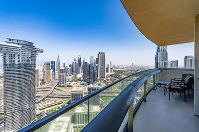 a view of the city from the balcony of a skyscraper at 2BDR apartment near Burj Khalifa I Downtown Dubai I Burj Vista in Dubai