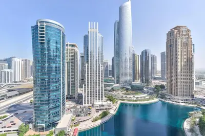 an aerial view of a city with tall buildings at Jlt Spacious Corner Duplex Loft Panoramic Views in Dubai