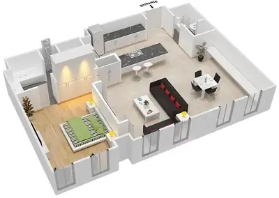 a rendering of a kitchen and living room at LUX The Elegant DIFC Suite 2 in Dubai