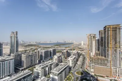 an aerial view of a city with tall buildings at STAY BY LATINEM Luxury 2BR Holiday Home W3104 near Burj Khalifa in Dubai