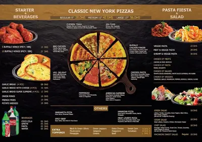 a menu for a pizza restaurant with a picture of a pizza at Cosmos Living Stunning Apt in Lago Vista IMPZ in Dubai