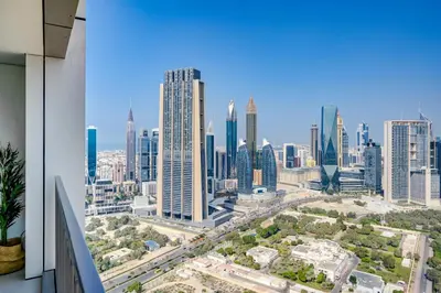 a view of a city skyline from a building at Trophy Live in the Sky Luxury Moon Collection Suites with DIFC Views 45Th Floor in Dubai