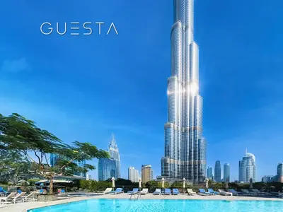 a view of the dubai skyline from the pool of the guessasia tower at Address Residences Dubai Opera - Burj Khalifa & Fountain View, Downtown Dubai in Dubai