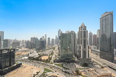 a view of a city with a lot of traffic at Luxurious 2 BR in Downtown Dubai in Dubai