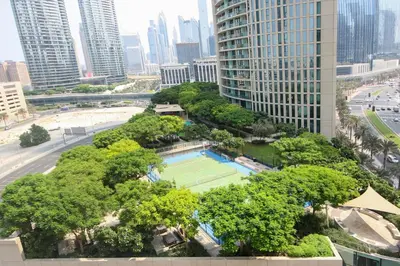 an overhead view of a tennis court in a city at Spectacular 1BHK near Dubai Mall in The Lofts East - TrueBleu Homes in Dubai