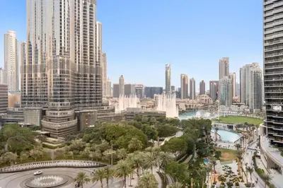 a view of a city skyline with tall buildings at Downtown 3BR Sleeps 9 Balcony, Full Kitchen, Near Metro in Dubai