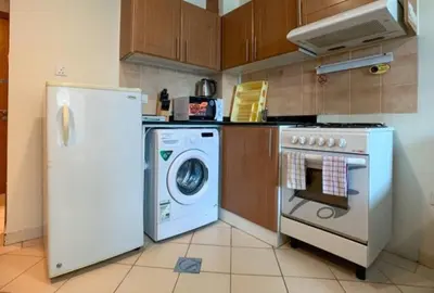 a kitchen with a washing machine and a refrigerator at Cozy Furnished Studio in Dubai