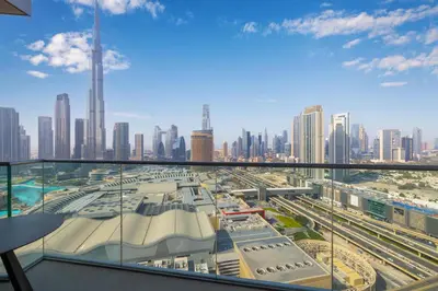 a view of a city skyline from a building at The Address Fountain Views - Residence 2 Bedroom with Burj Khalifa view in Dubai