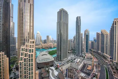 an aerial view of a city with tall buildings at FIRST CLASS 2BR Stunning Fountain View in Dubai