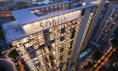 an overhead view of a building with a sign on it at Luxury One Bedroom Apartment In The Centre Of Dubai in Dubai