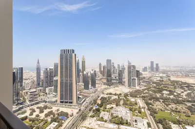 an aerial view of a city with tall buildings at Silkhaus High Floor Luxury 1BDR in New Tower in Dubai