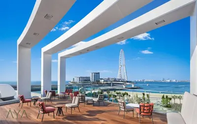 a view of the ocean from the balcony of a hotel at Beachfront Bliss 2BR Dubai Eye & Full Sea View at the Address Beach By ĀYA Boutique in Dubai