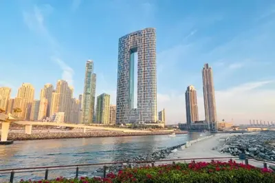 a view of a city with a river and buildings at 1BR Apartment at The Address JBR - Residential in Dubai