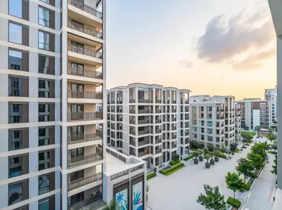 an aerial view of a city with tall buildings at Ravishing Retreat 2BR Creek Beach Luxury Abode in Dubai