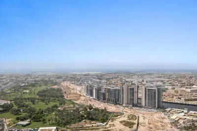 an aerial view of a city with tall buildings at Silkhaus New High Floor Studio In Business Bay in Dubai