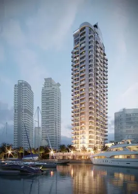 a tall building with boats in a marina with tall buildings at Dubai Marina Walk Gem Modern Apartments with Pool & Gym access, Steps to Beach & Metro Managed by SunnyHomes in Dubai