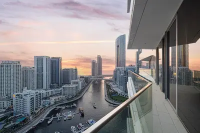 a view of a river in a city with buildings at Stella Maris - Beachfront Premium 3 Bedroom Apt in Dubai